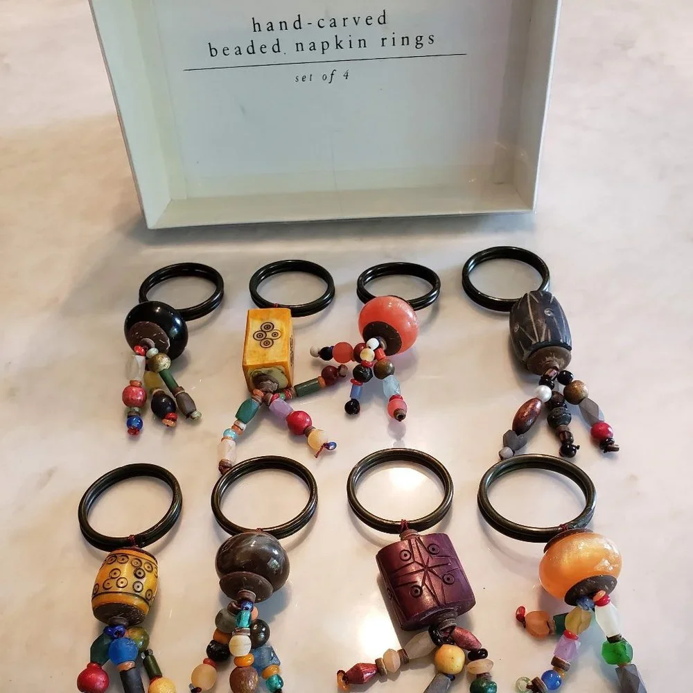 Pier 1 Carved/Beaded Napkin Rings - 2 sets of 4